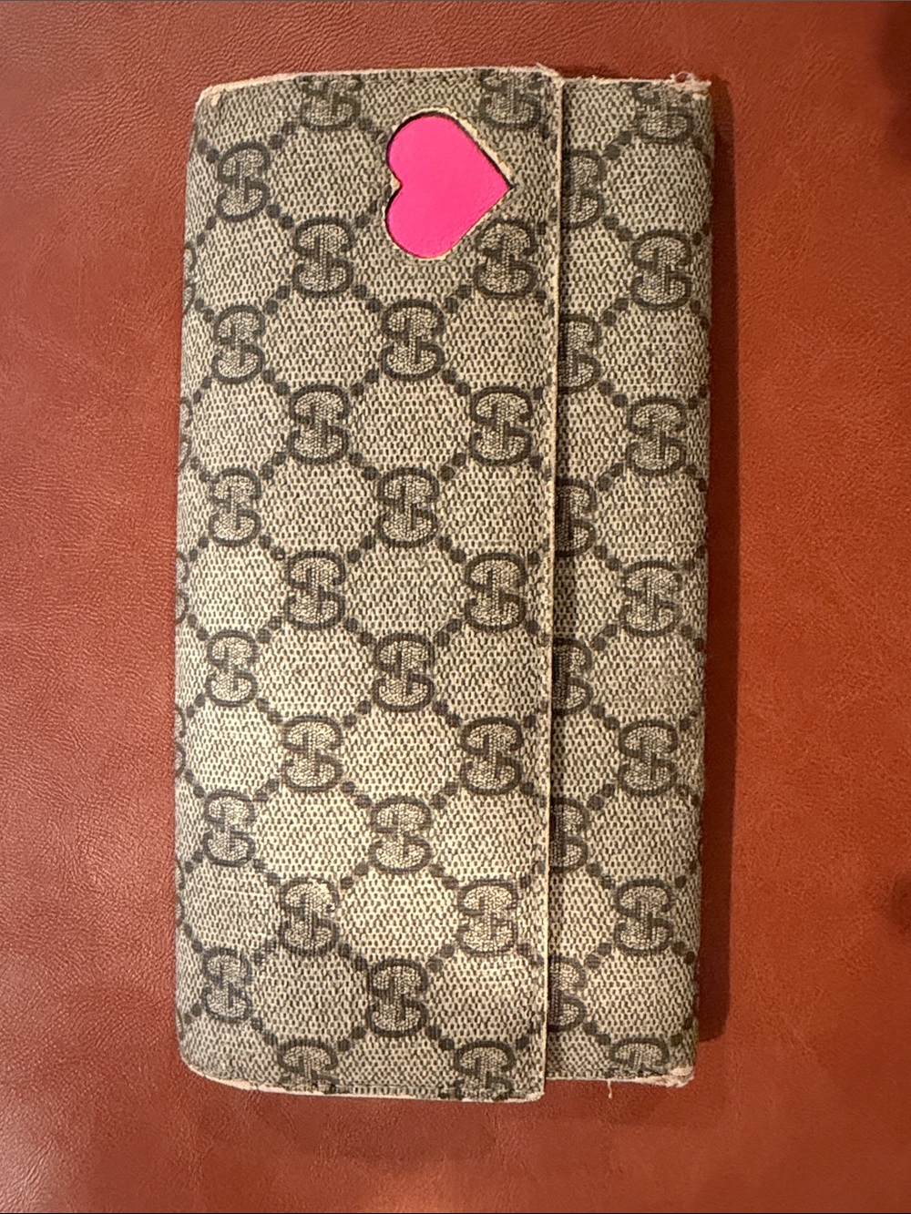 Gucci Beige GG Canvas Wallet with Pink Heart Detail